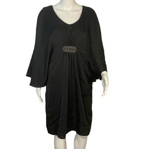 Karina Black Crinkle Ruched Silver Bead Accent Bat Sleeve Kaftan Dress Sz 6